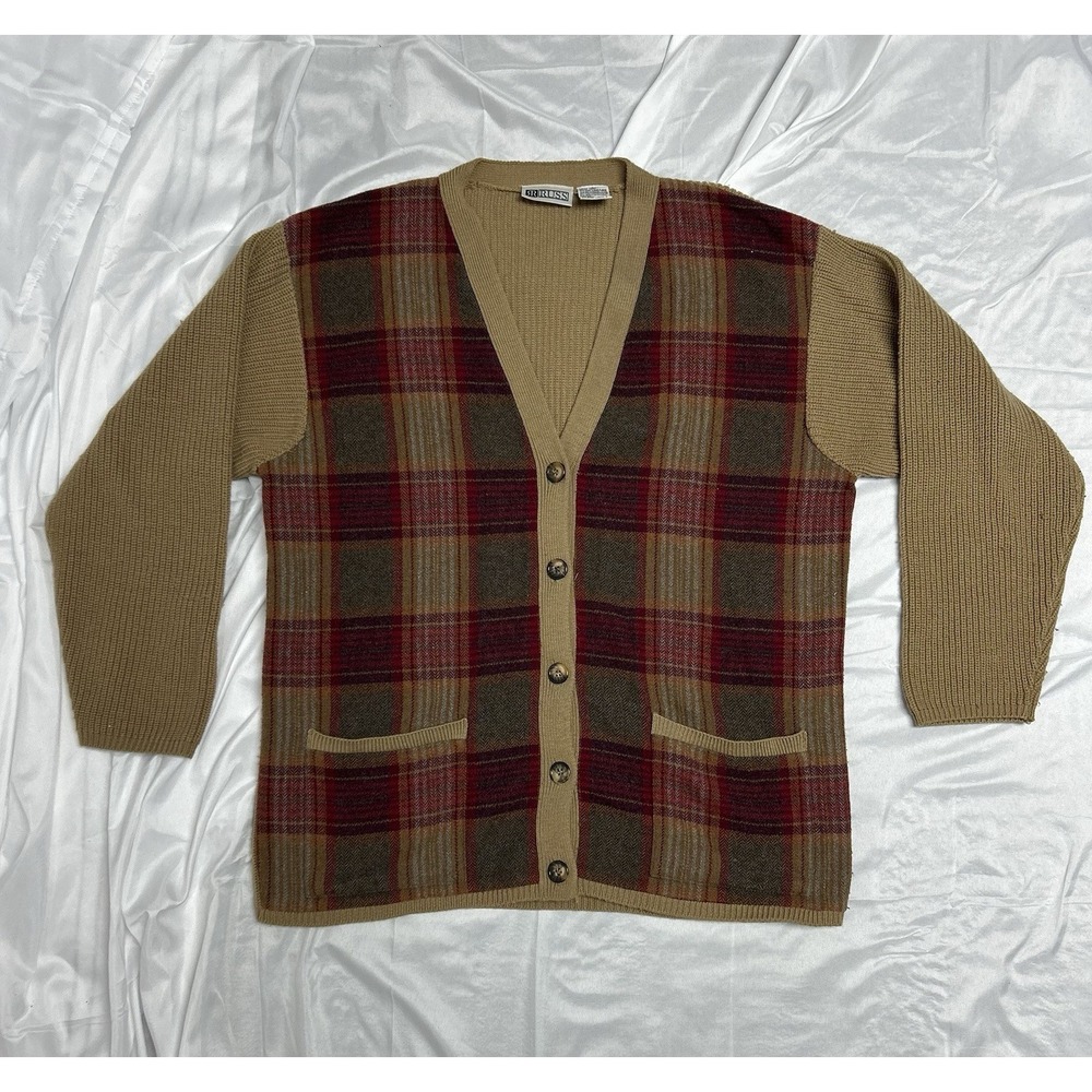 Vintage RUSS Sweater Mens Large Plaid Wool Blend Cardigan Pockets V Neck 90s